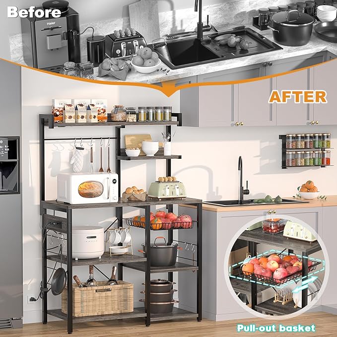 Aheaplus Bakers Rack with Power Outlet and LED Light Strings, Microwave Oven - Image 7