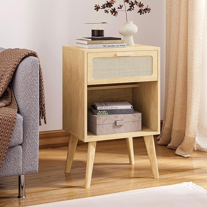 Rattan Nightstand with Opening Storage, Boho Bedside Table with Drawer - Image 2