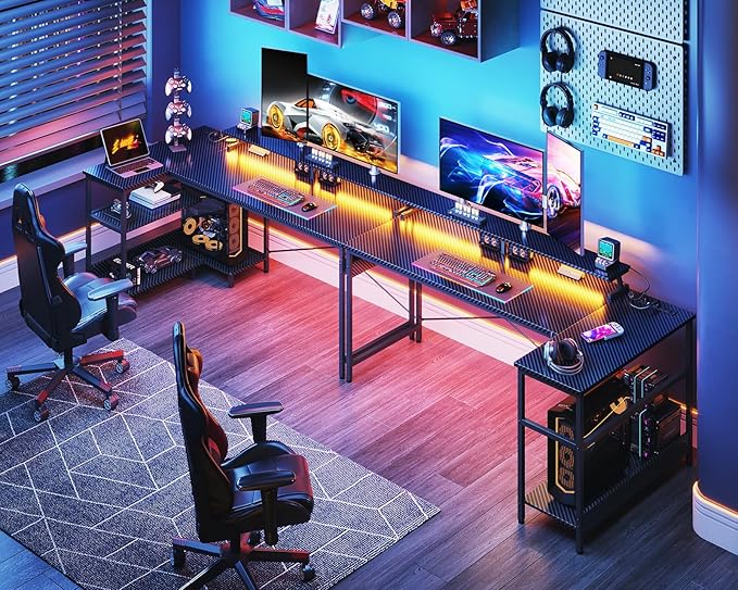 ODK 66 Inch Gaming Desk with USB Charging Ports and LED Lights, Reversible L - Image 2