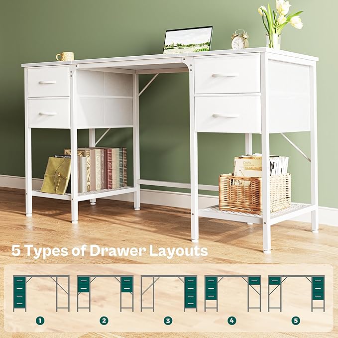 Huuger 55 Inch White Desk with 4 Drawers, Vanity Desk with Mesh Shelf - Image 7