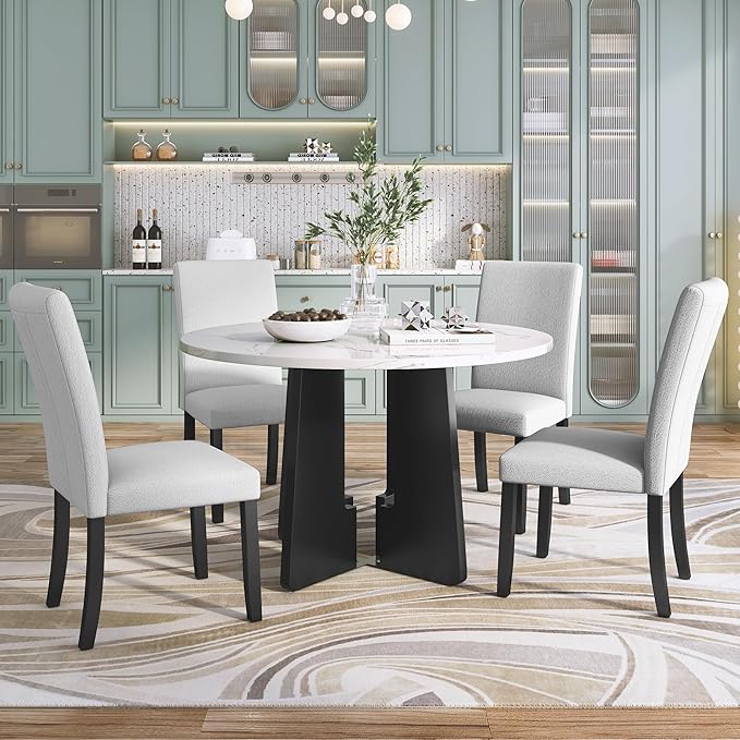 Merax 5-Piece Round Dining Table Set, Modern 4 Upholstered Chairs - Image 6
