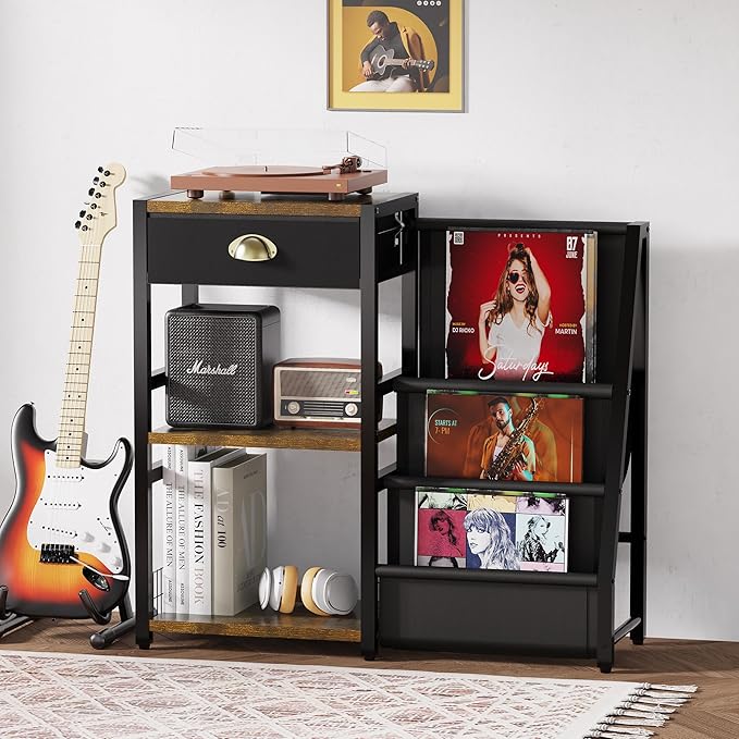 End Table with Vinyl Record Storage, Record Player Stand, 3 Tier Turntable - Image 2