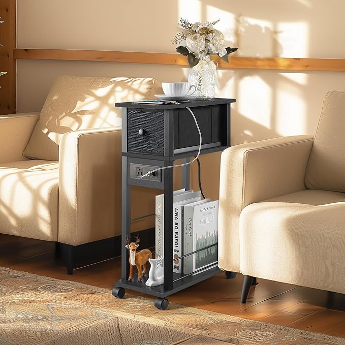 Side Table with Charging Station and Drawer, Narrow End Table with USB Ports - Image 2
