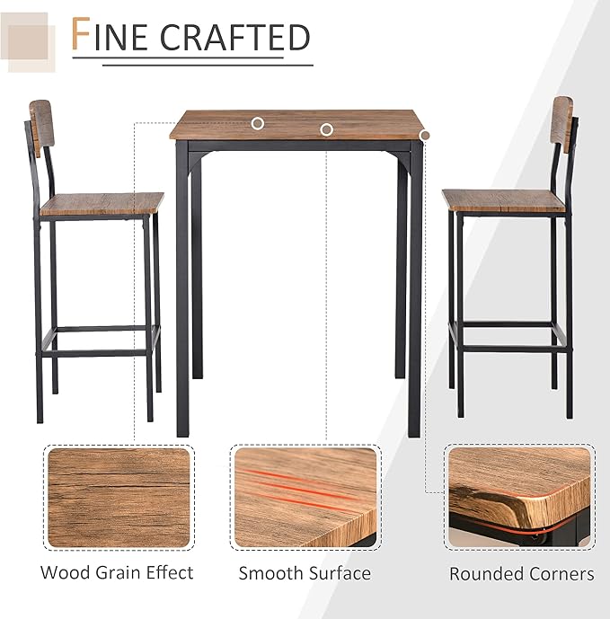 HOMCOM 3 Piece Industrial Counter Height Dining Table Set, Bar Table & Chairs - Image 5