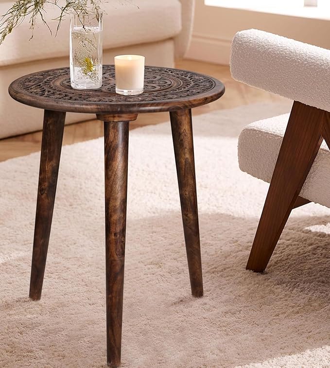 Wooden Table with 3 Legs Pillar, Carving End Tables, Round Coffee Table by TheWoodenTown