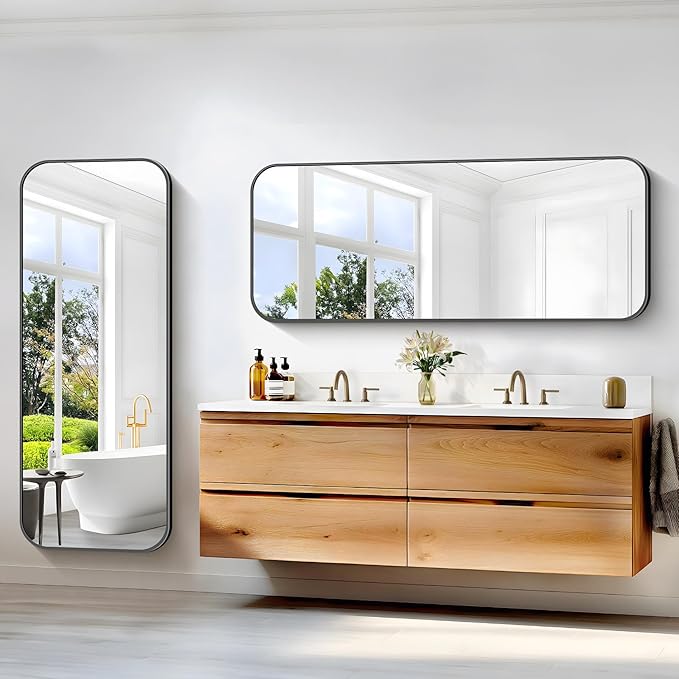 Bathroom Mirror, 60 x 24 inch Metal Framed Black Rectangle Mirror, Rounded - Image 5