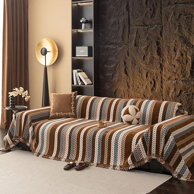 STACYPIK Khaki Jacquard Leaves Sofa Cover, Vintage Couch Cover - Image 2