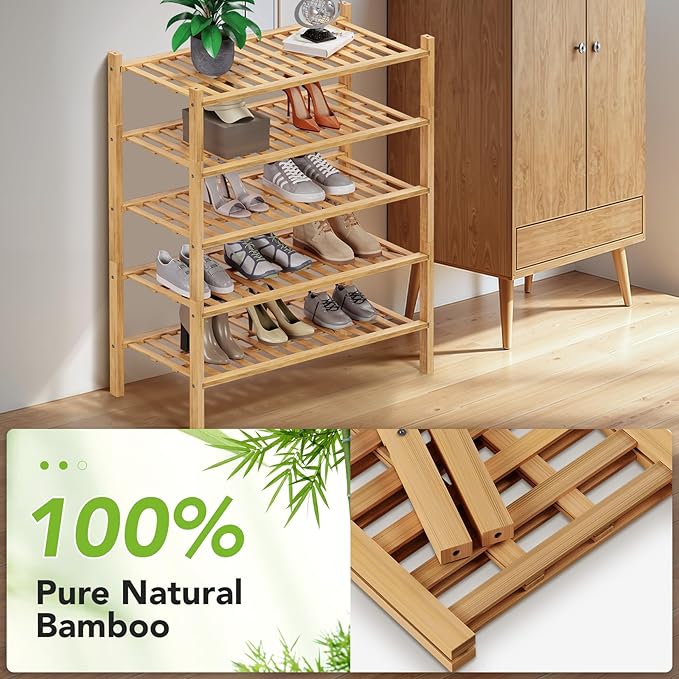 Haddockway 5 Tier Bamboo Shoe Rack Storage Organizer, Small Space 27"x11"x32" - Image 5