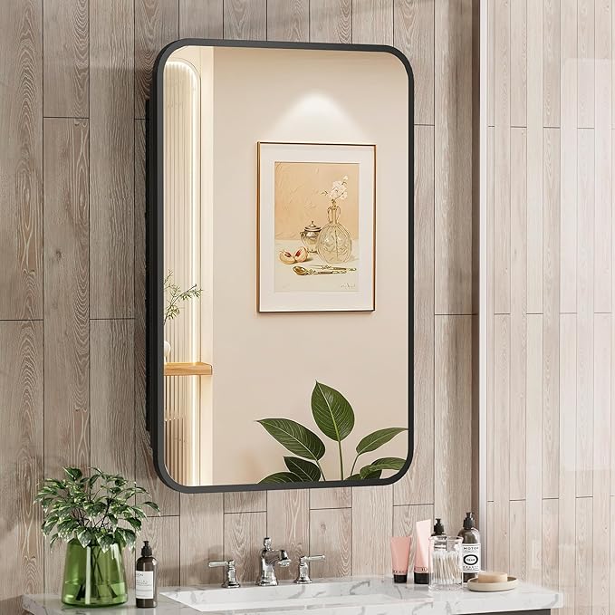 16x24 Inch Black Mirror Medicine Cabinet Metal Framed Recessed Wall Mounted by ACEMIRO