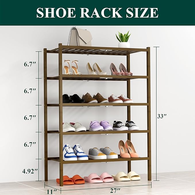 Smiry Shoe Rack, 5 Tier Thick Bamboo Shoe Organizer, Stackable Free Standing - Image 2