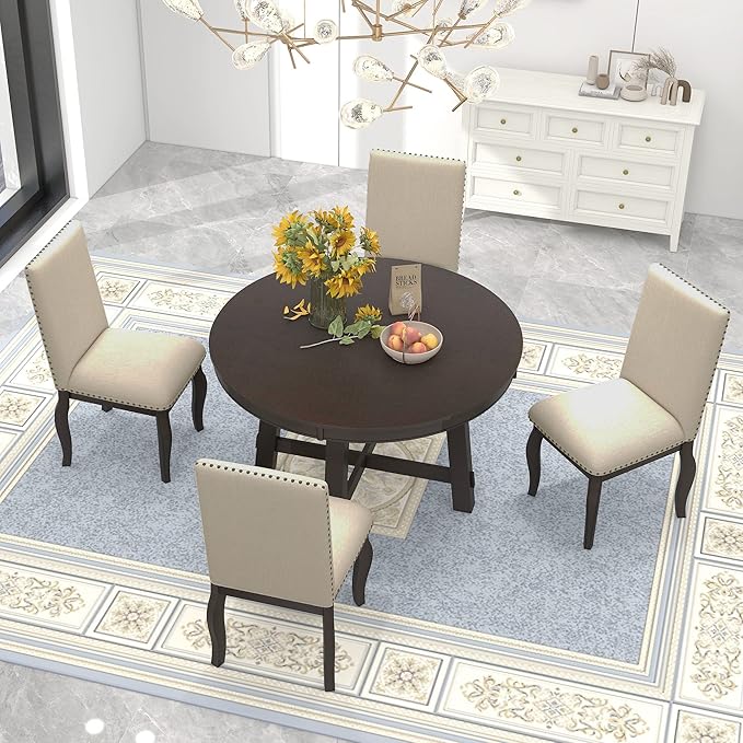 5 Pieces Dining Table Set with 43" Round Extendable Desk, Living Room Furniture - Image 3