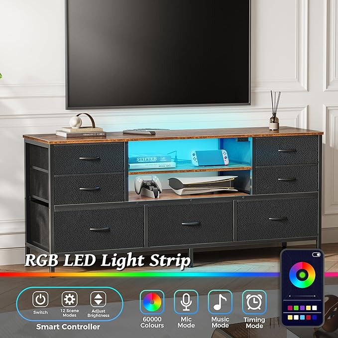 Huuger TV Stand Dresser with Power Outlets and LED Lights, 7 Drawers, 47 Inch - Image 5