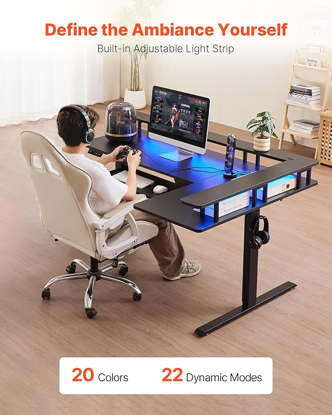 VEVOR L Shaped Desk, Electric Adjustable Height Corner Gaming Desk - Image 7