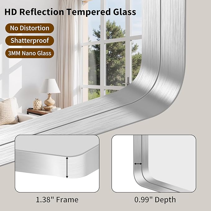 FORBATH 30x36 Inch Bathroom Mirror, Brushed Silver Deep Frame Wall Mirror - Image 7