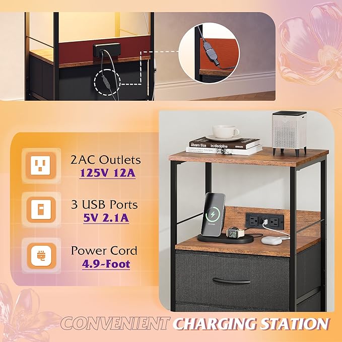 WLIVE Nightstand with Charging Station, LED Night Stand with 2 Fabric Drawers - Image 5