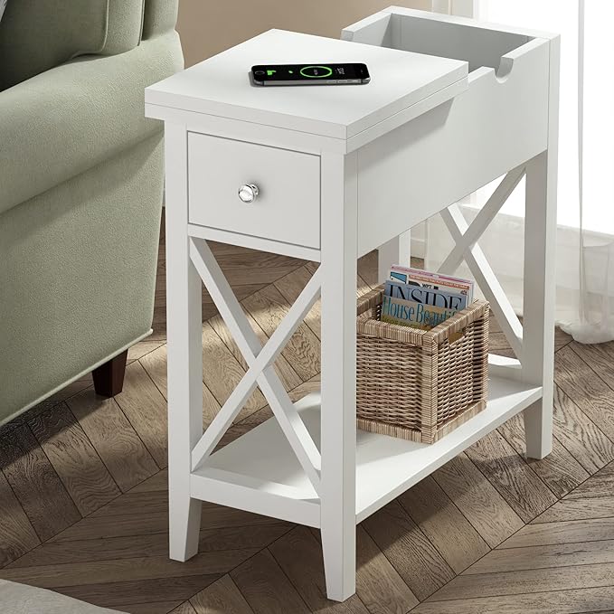 ChooChoo White End Table Set of 2, Flip Top Narrow End Table - Image 2