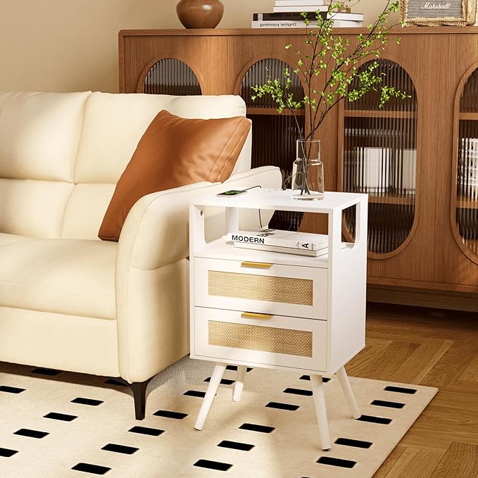 Rattan Nightstand with Charging Station, Farmhouse Bedside Table with 2 Storage - Image 8
