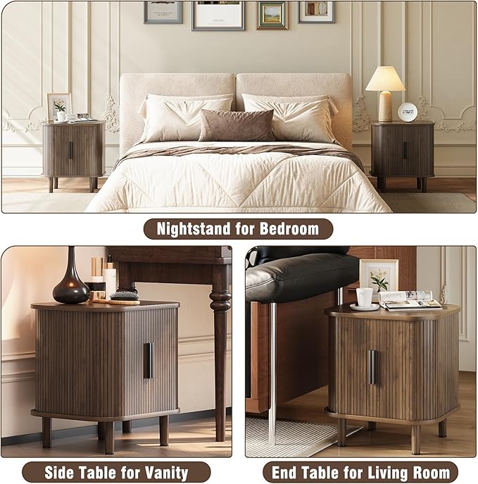 Fluted End Table with Sliding Tambour Door, Mid-Century Modern Bedside Table - Image 6