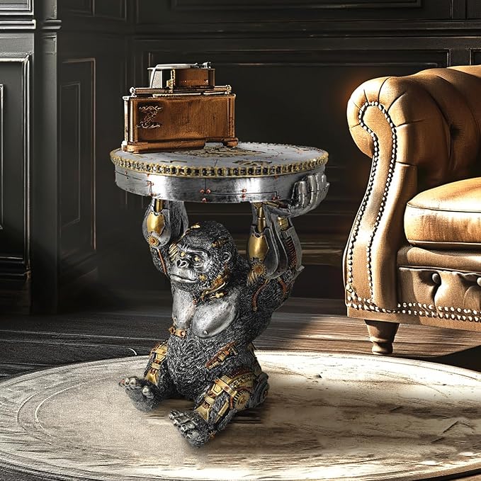 Steampunk Gorilla Side Table Pedestal End Table Stool Resin Cyborg Monkey - Image 4