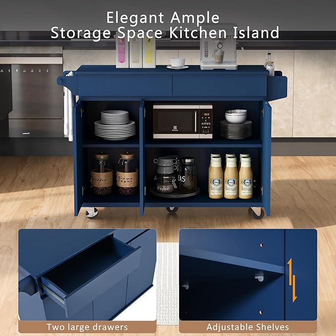 53" Kitchen Island with Drop Leaf, Dining Storage Cart W/Spice Rack, Towel Rack - Image 4
