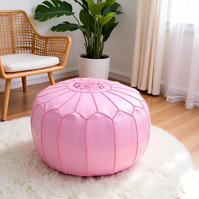 Stuffed Round Design Moroccan Leather Pouf Ottoman, Pre-Filled, 100% Genuine - Image 4