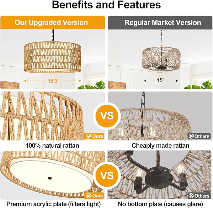 Farmhouse Chandeliers for Dining Room, Hand Woven 5-Light Rattan Pendant Light - Image 6