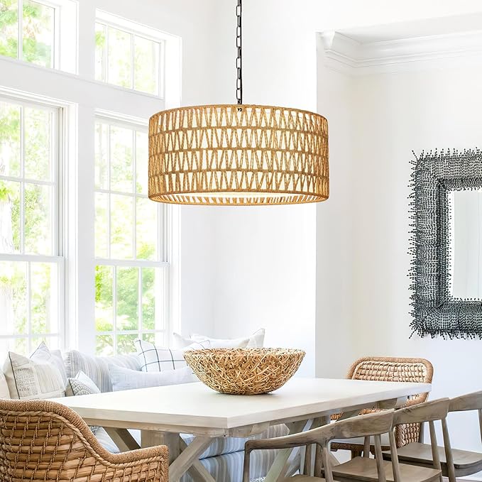 Farmhouse Chandeliers for Dining Room, Hand Woven 5-Light Rattan Pendant Light - Image 8