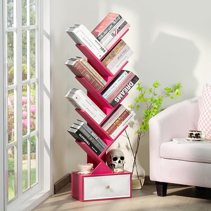 8 Tier Tree Bookshelf with Drawer, Free Standing Wood Bookcase - Image 4