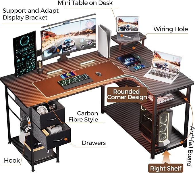 GTPLAYER L Shaped Desk with Drawers, Carbon Fiber Style Computer Desk with - Image 9