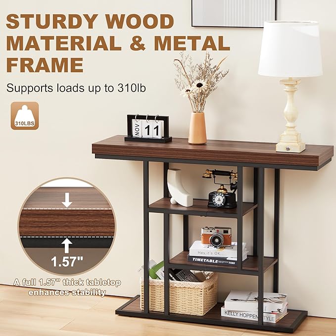 HABUTWAY 42" Industrial Entryway Table, Narrow 4-Tier Wood Console Table - Image 7