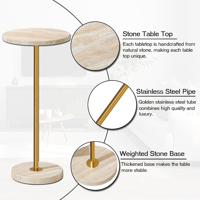 Φ9.8-inch Marble Round Drink Table, Stone Finish Pedestal End Table - Image 4