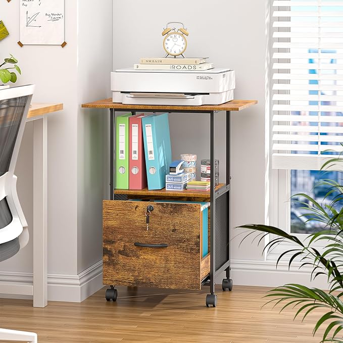 Small Filing Cabinet with Lock, Printer Stand with File Storage, Rolling by ThreeHio