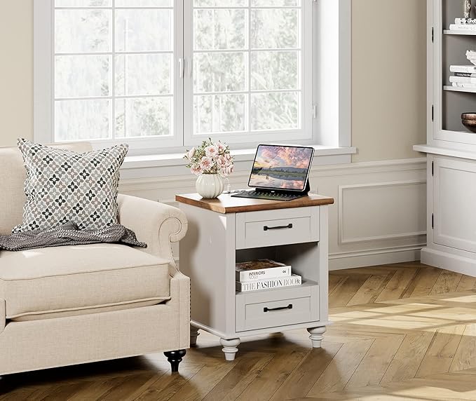 WAMPAT White Side Table with 2 Drawers & Charging Station, Mid Century - Image 4