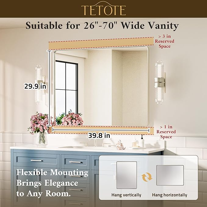 TETOTE Brushed Nickel Bathroom Mirror 40 x 30 Inch Brushed Nickel Metal Framed - Image 7