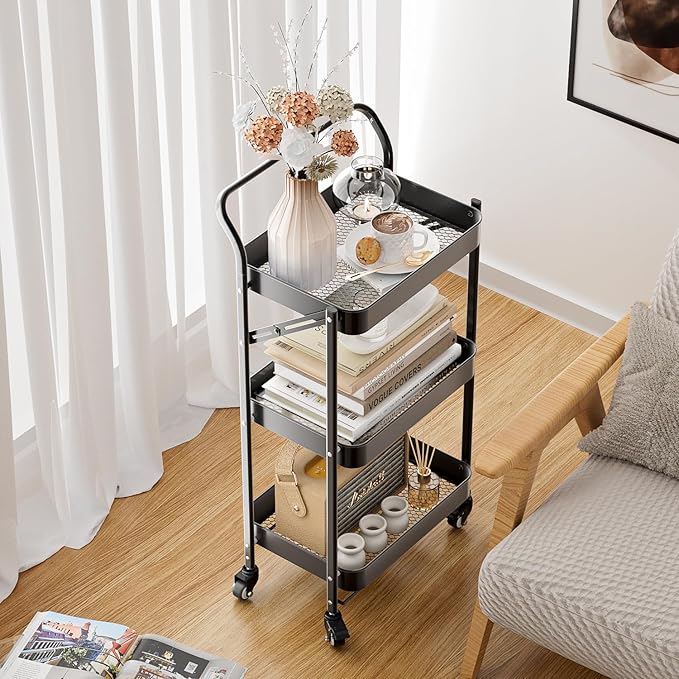 JAQ Foldable Rolling Cart, 3-Tier Metal Folding Storage Utility Carts Basket - Image 6