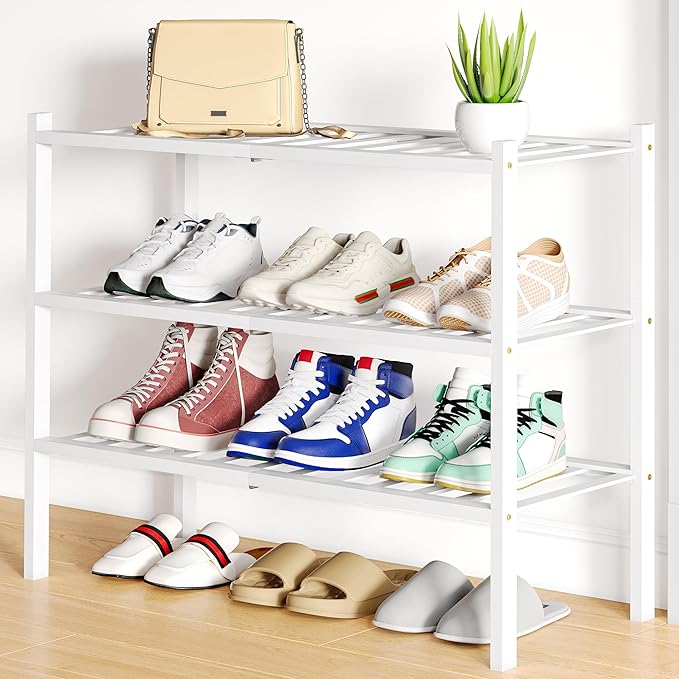 Smiry Shoe Rack, 3 Tier Small Bamboo Shoe Organizer, Stackable Free Standing by Smiry