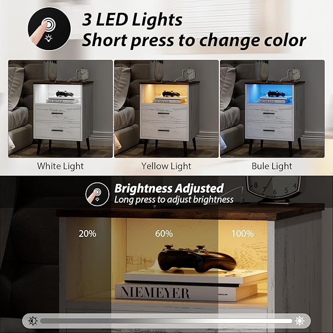 Farmhouse Nightstand with Charging Station and LED Lights, 25.6" H x 17.7" W x - Image 4