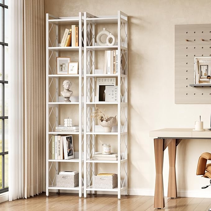 LITTLE TREE Book Shelf Set of 2, 7-Tier Tall Bookcase, Wooden Display Shelves - Image 2