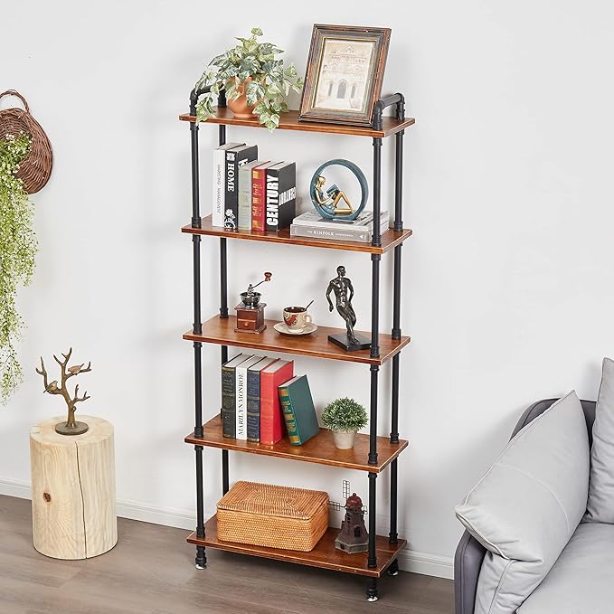 Industrial Bookshelf, 5 Shelf Bookcase, Rustic Brown Pipe Shelving by ANYNICE