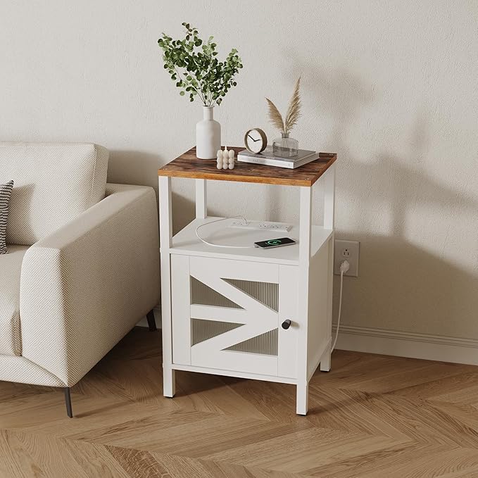 Farmhouse Nightstand with Charging Station, End Table with Storage, Acrylic Door - Image 6