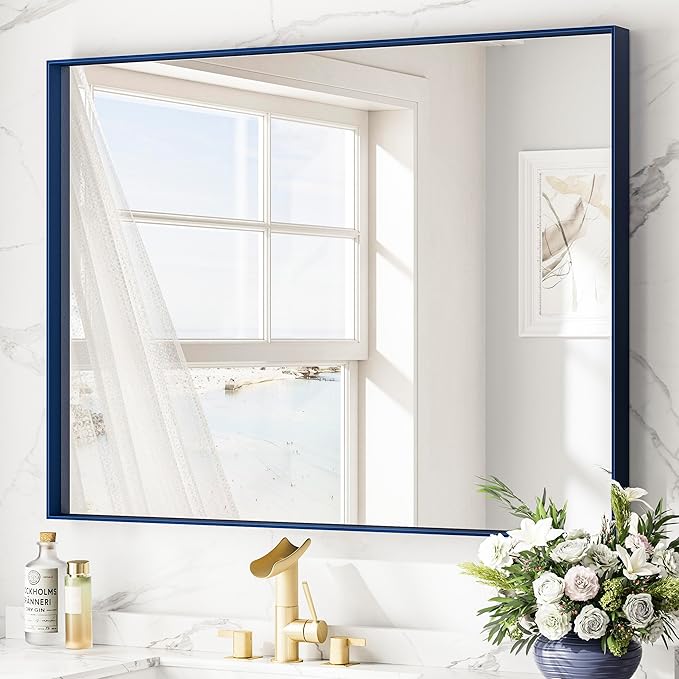 Keonjinn Blue Bathroom Mirror 40 x 30 Inch, Metal Frame Rectangular Wall Mirror by Keonjinn