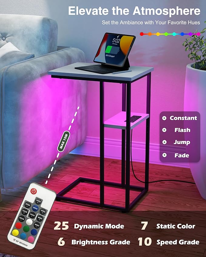 Innerjoin Side Table with Charging Station Set of 2, C Shaped End Table with - Image 5