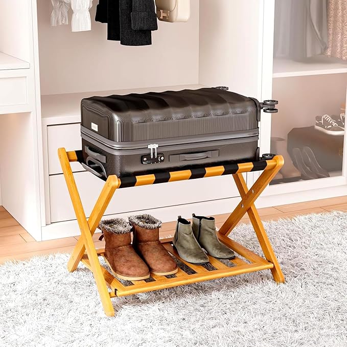 Fully Assembled Bamboo Luggage Racks, Foldable Suitcase Stand by SmartFENDEE