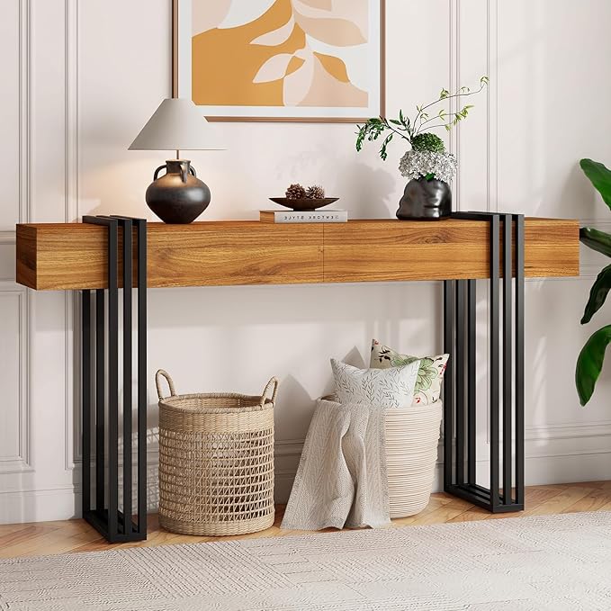 63 Inch Long Console Table, Industrial Sofa Table Behind The Couch Rectangular by KNOWORLD