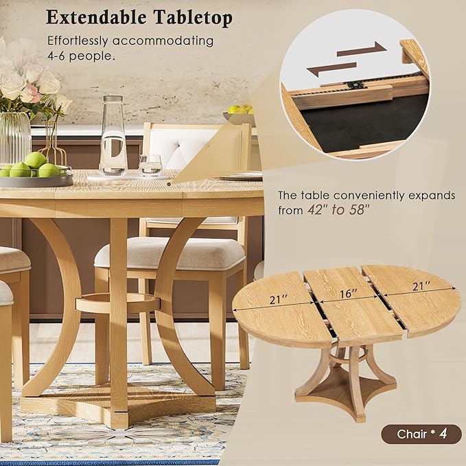 Merax 5-Piece Extendable Round Dining Table Set 42"-58" Retro Functional Table - Image 5