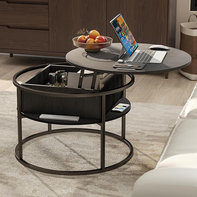 Round Lift Top Coffee Table, Coffee Tables Living Room, Wood Farmhouse Coffee - Image 6