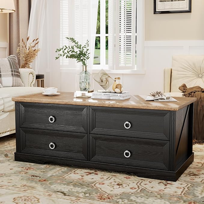 Rustic Coffee Table with Drawers 47 inch Living Room Tables with Storage by HOMEFURNITURE