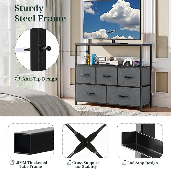 TV Stand, 5 Fabric Drawers Dresser Entertainment Center - Image 5