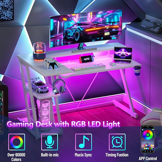 47 Inch White Gaming Desk with Power Outlet & LED Lights, Corner Computer Desk - Image 4