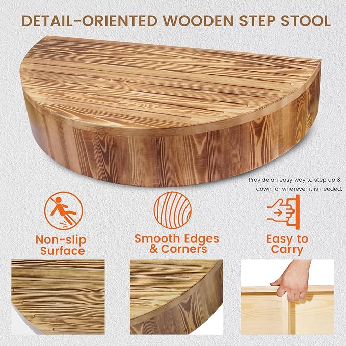 Solid Wooden One Step Stool, 5.2" High Semicircular Wood Bed Step - Image 3